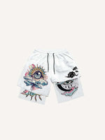 Fake Two Pieces Eye&Cloud Print Drawstring Waist Shorts