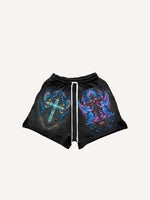 Figure&Cross&Wing&Graphic&Letter Print Drawstring Waist Shorts