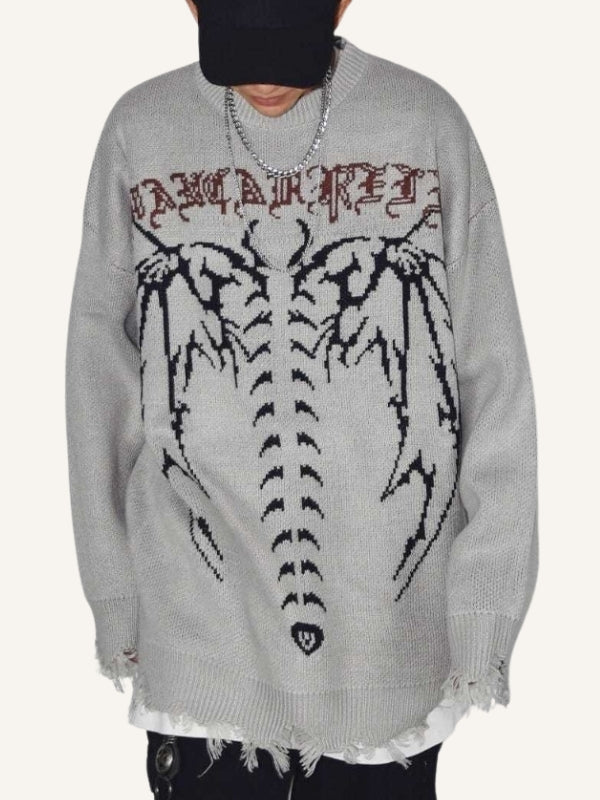 Skeleton&Wing&Letter Jacquard Round Neck Knit Sweater