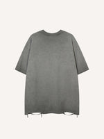 Distressed Washed Letter&Car Print Hole Round Neck T-shirt