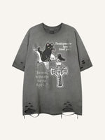 Cat&Cross&Letter Print Hole Tops