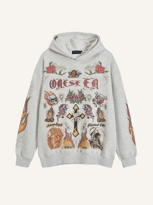 Fire&Cross&Pray&Skull&Figure&Graphic&Letter Print Slant Pockets Hoodie