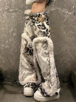 Distressed Washed Fleece Patchwork Leopard Print Jeans