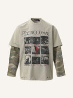 Fake Two-Piece Camo Graphic&Letter Print Hole Long-sleeved T-shirt