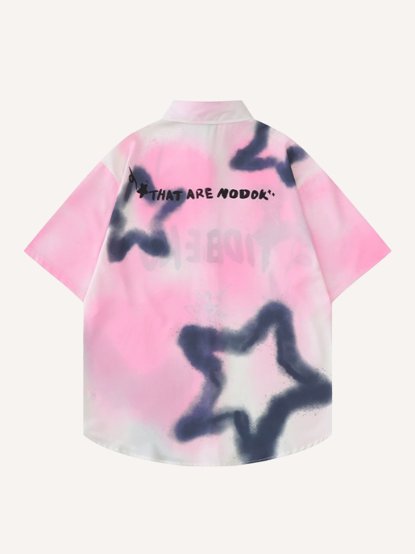 Tie-dye Letter&Star Graffiti Print Lapel Shirt