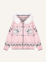 Colorblock Dog&Graphic Jacquard Knit Fur Collar Hooded Coat