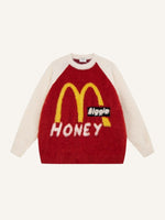 Colorblock Letter Jacquard Round Neck Knit Sweater