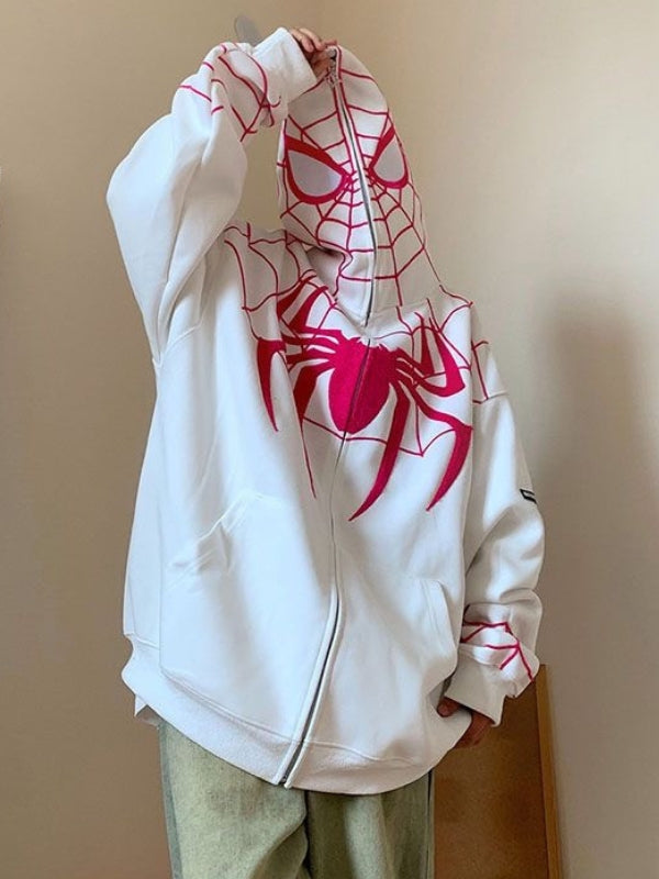 Spider&Web Print Zip Up Hooded Coat