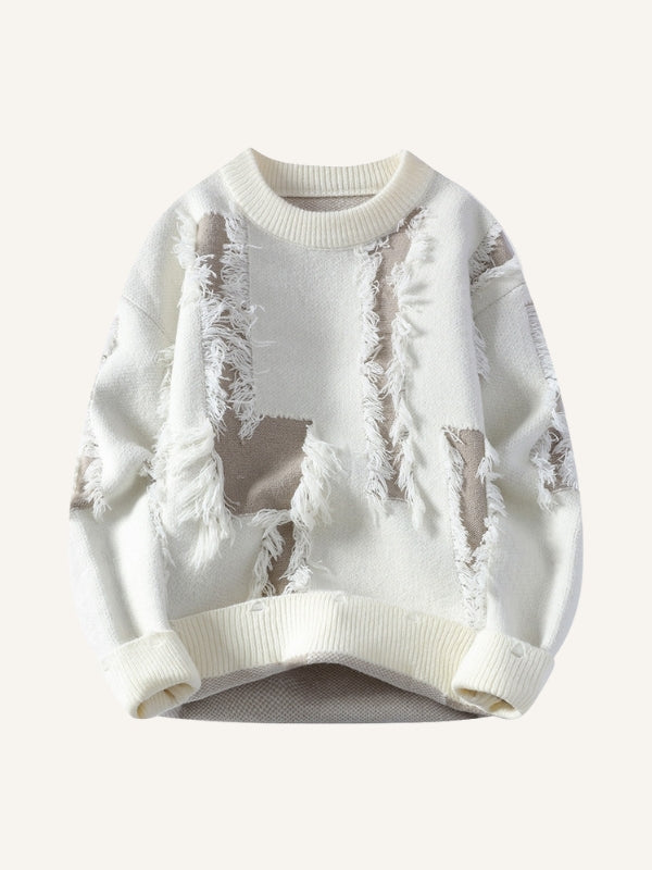 Colorblock Hole Thickened Round Neck Knit Sweater