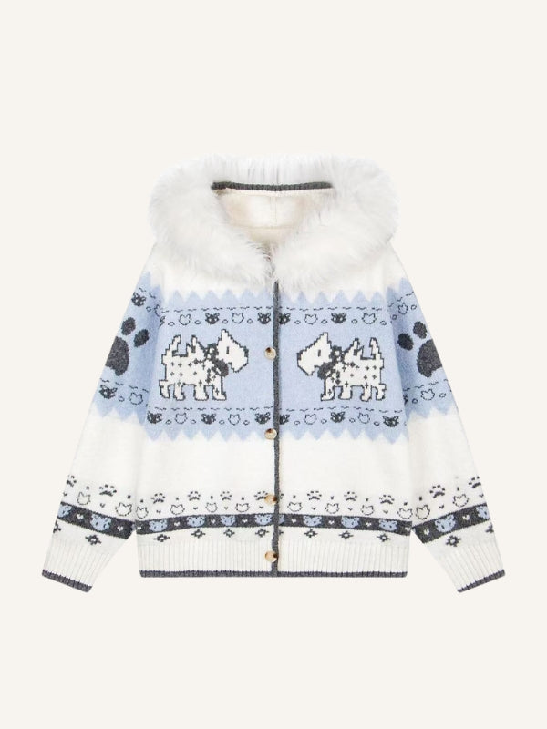 Colorblock Dog&Graphic Jacquard Knit Fur Collar Hooded Coat