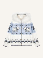 Colorblock Dog&Graphic Jacquard Knit Fur Collar Hooded Coat