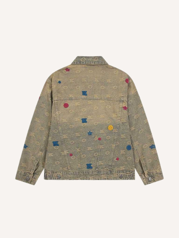 Distressed Washed Letter Embroidery Denim Jacket