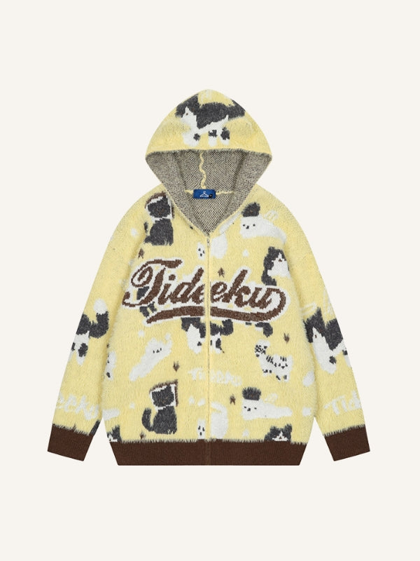 Animal&Letter Jacquard Knit Hooded Coat