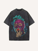 Distressed Washed Hooded Figure&Money Print Round Neck T-shirt