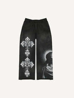 Figure&Cross&Floral Print Elastic Waist Pants
