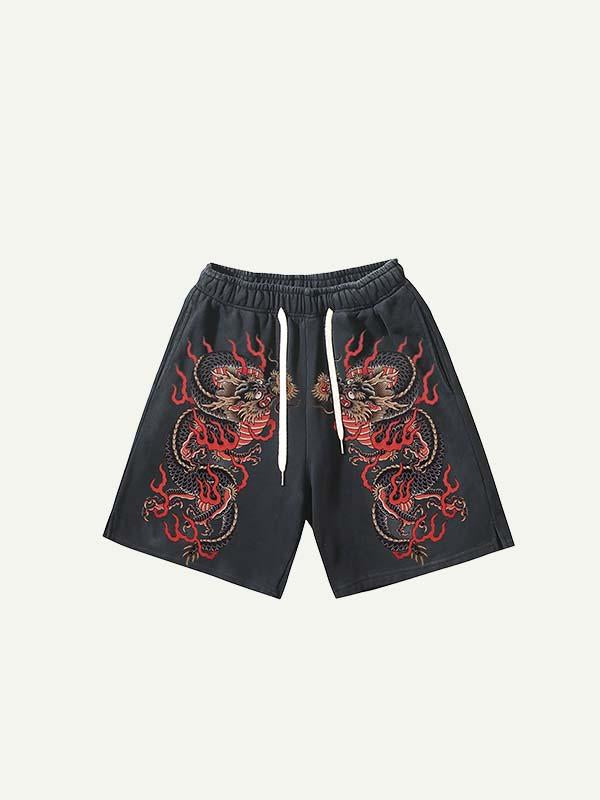 Fire Dragon Print Drawstring Waist Shorts