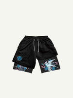 Fake Two Pieces Bird&Floral Print Drawstring Waist Shorts