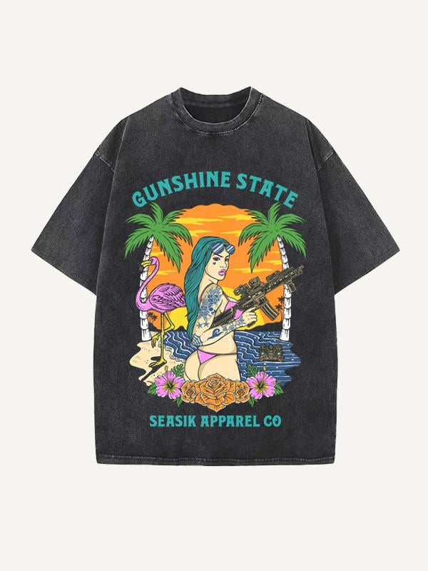 Distressed Washed Gunshing State Figure&Beach Print Round Neck T-shirt