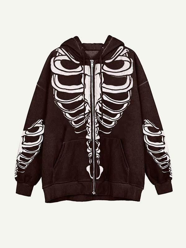 Skeleton Print Zip Up Slant Pockets Hooded Coat