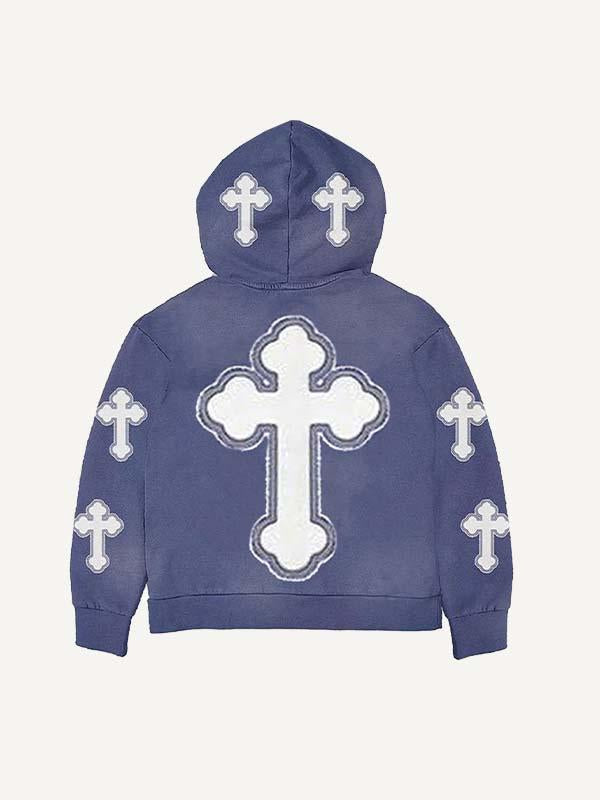 Cross&Graphic Print Zip Up Hooded Coat