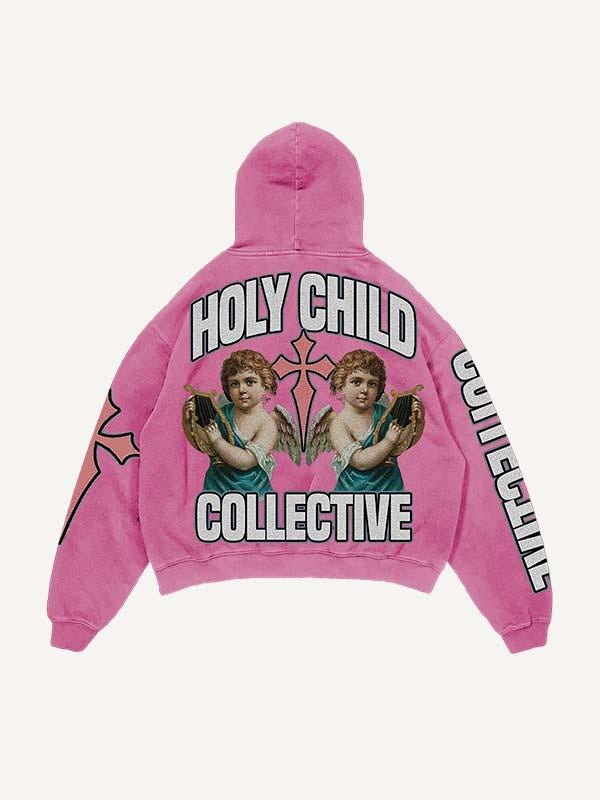 Cupid&Letter&Cross Print Slant Pockets Hoodie