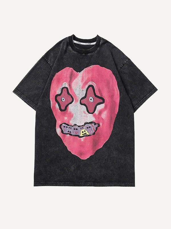 Distressed Washed Human Face Heart Print Round Neck T-shirt