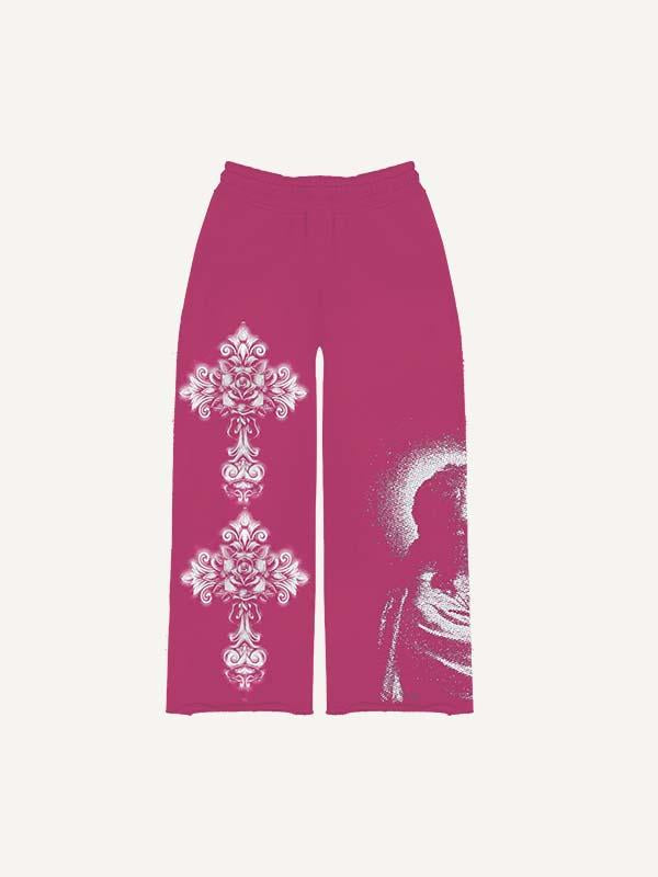 Figure&Cross&Floral Print Elastic Waist Pants