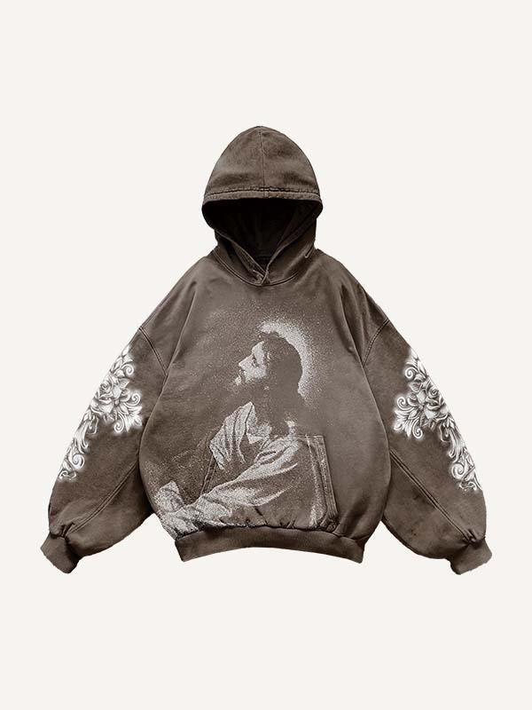 Figure&Cross&Floral Print Slant Pockets Hoodie