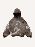 Figure&Cross&Floral Print Slant Pockets Hoodie