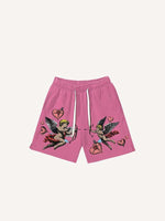 Cupid&Heart Print Drawstring Waist Shorts