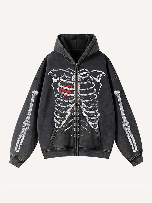 Skeleton&Heart&Wing Print Zip Up Slant Pockets Hooded Coat