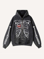 Skeleton&Heart&Wing Print Zip Up Slant Pockets Hooded Coat
