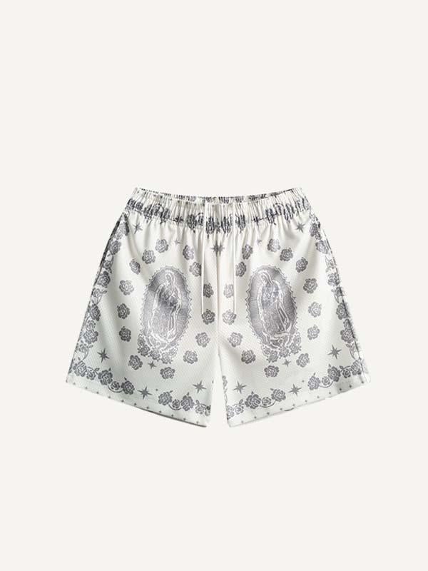 Mary&Floral Print Mesh Drawstring Waist Shorts
