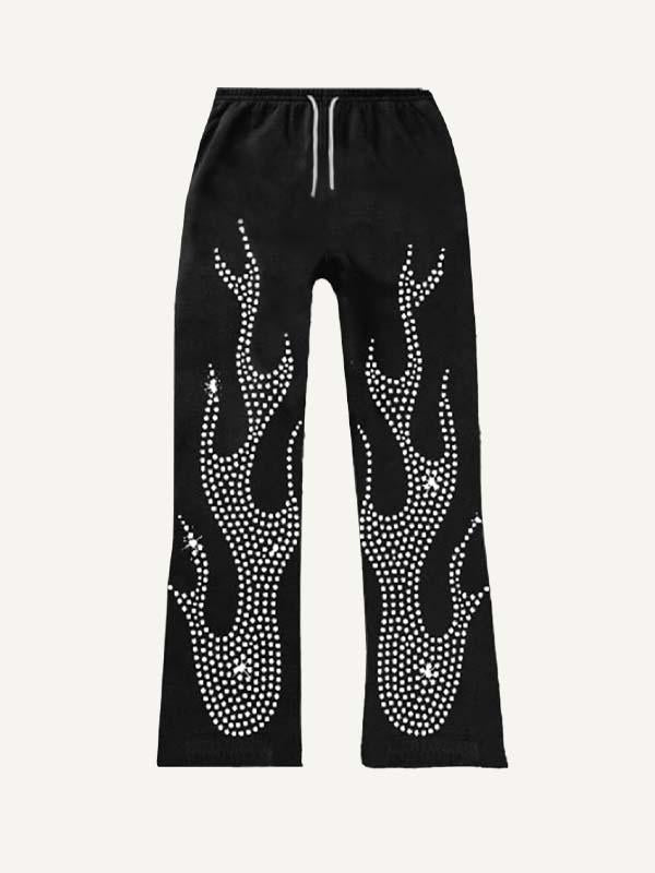 Fire Faux Rhinestones Print Elastic Waist Pants