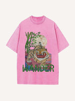 Distressed Washed Tiger&Letter Print Round Neck T-shirt