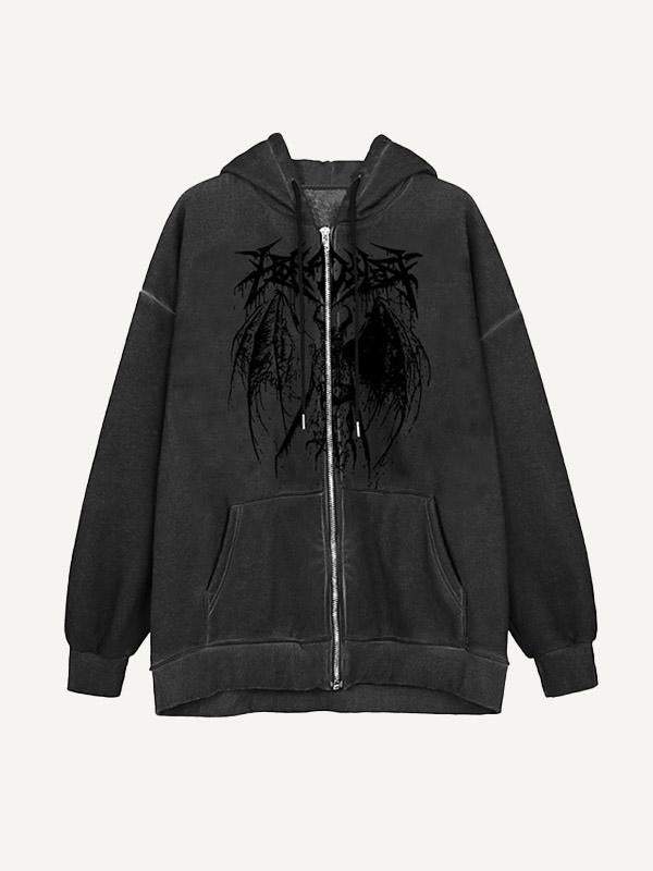 Graphic Print Drawstring Zip Up Hooded Coat