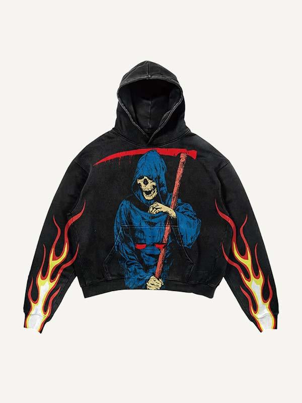 Death Skeleton&Fire Print Slant Pockets Hoodie