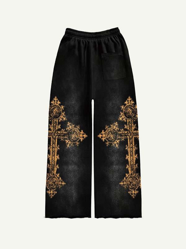 Cross&Letter Print Elastic Waist Pants