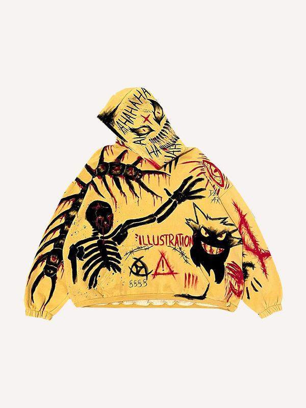 Skeleton&Letter&Demon Graphic Print Slant Pockets Hoodie