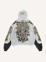Colorblock Palm&Cross&Letter&Angel&Money Faux Decal Print Slant Pockets Hoodie