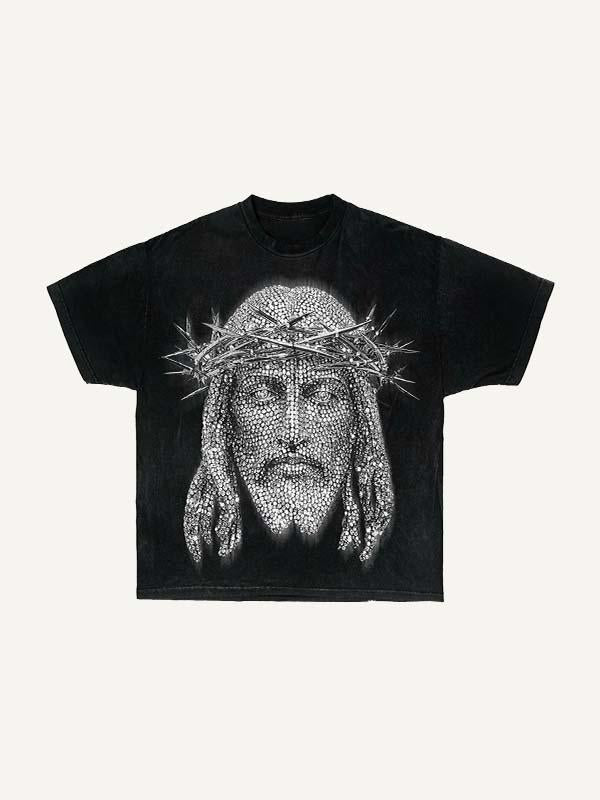 Distressed Washed Jesus Faux Rhinestones Print Round Neck T-shirt