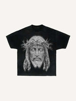 Distressed Washed Jesus Faux Rhinestones Print Round Neck T-shirt
