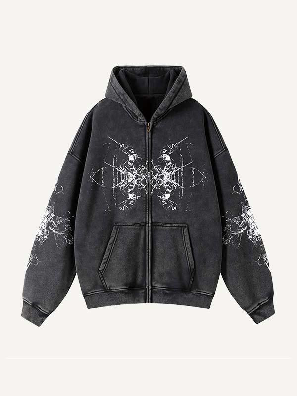 Skull&Cross Graphic Print Zip Up Slant Pockets Hooded Coat