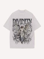 Distressed Washed Angel&Letter Print Round Neck T-shirt