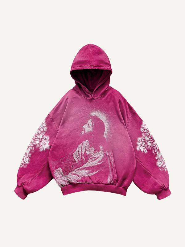 Figure&Cross&Floral Print Slant Pockets Hoodie