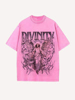 Distressed Washed Angel&Letter Print Round Neck T-shirt