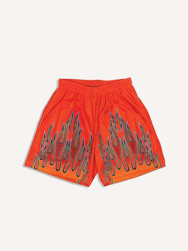 Fire Print Mesh Drawstring Waist Shorts