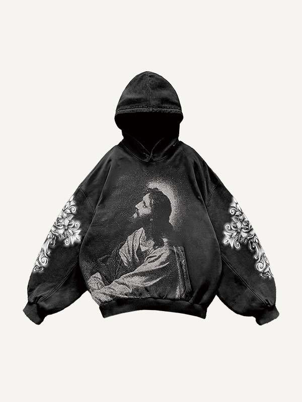 Figure&Cross&Floral Print Slant Pockets Hoodie