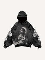 Figure&Cross&Floral Print Slant Pockets Hoodie