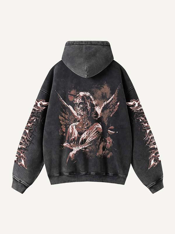 Skeleton&Wing&Letter Print Zip Up Slant Pockets Hooded Coat